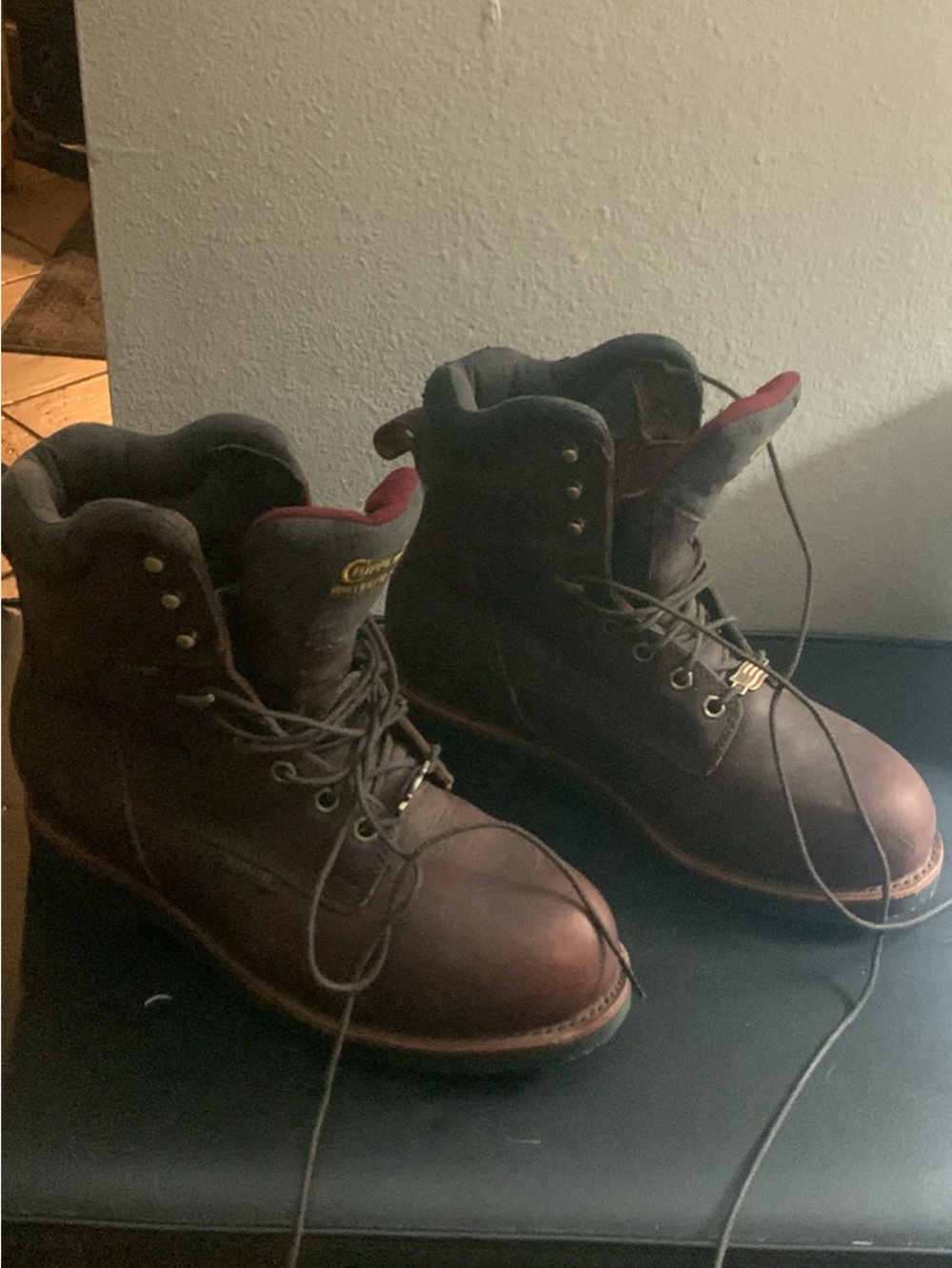 Chippewa Brown Leather Lace-Up Work Boots with Red Collar Accent